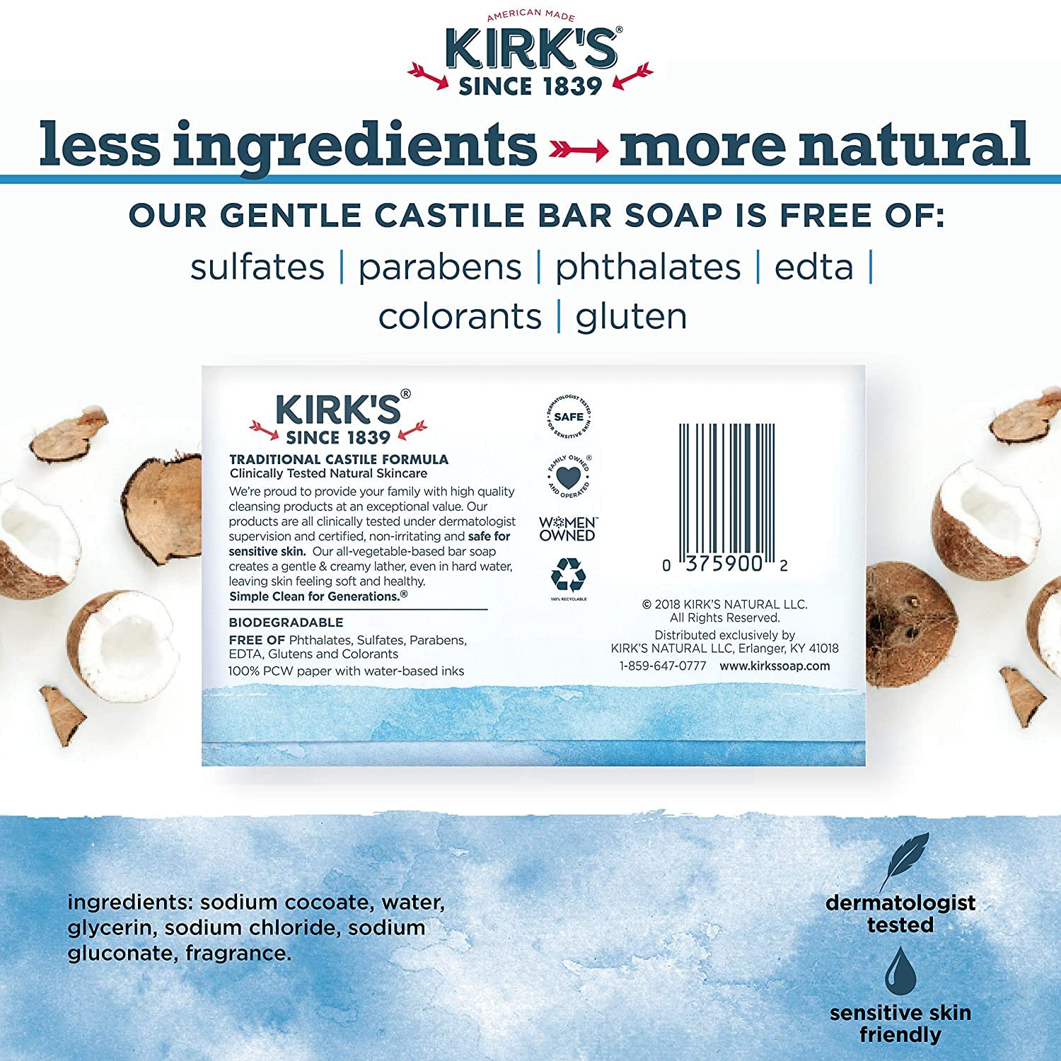 Ingredientes naturales visibles en la barra Kirk's Castilla Coco.