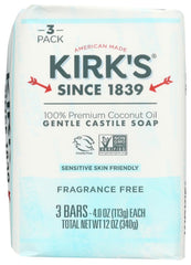 Kirks barra jabón sin fragancia, pack de tres, uso diario suave.