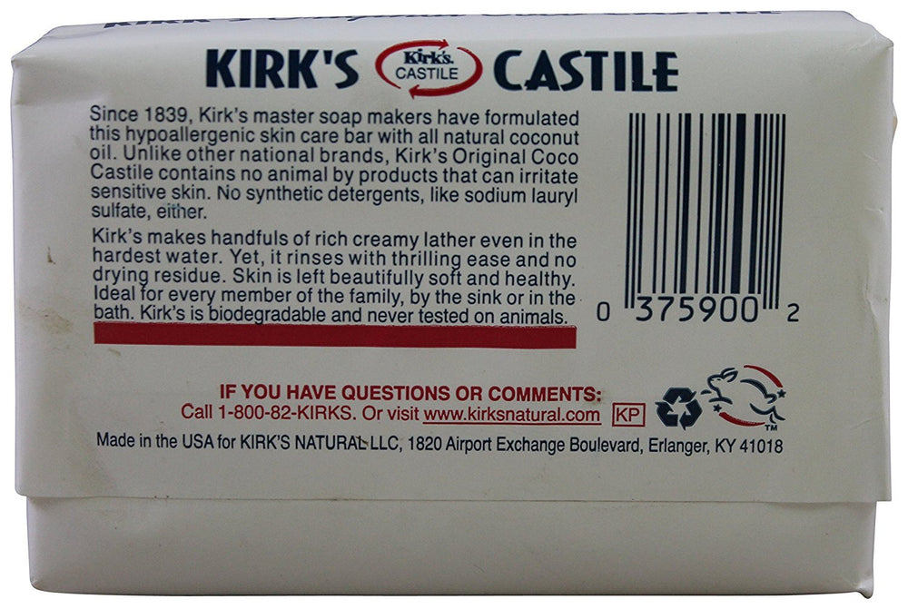 Kirk's jabón de Castilla original coco, empaque práctico para limpieza suave y sostenible