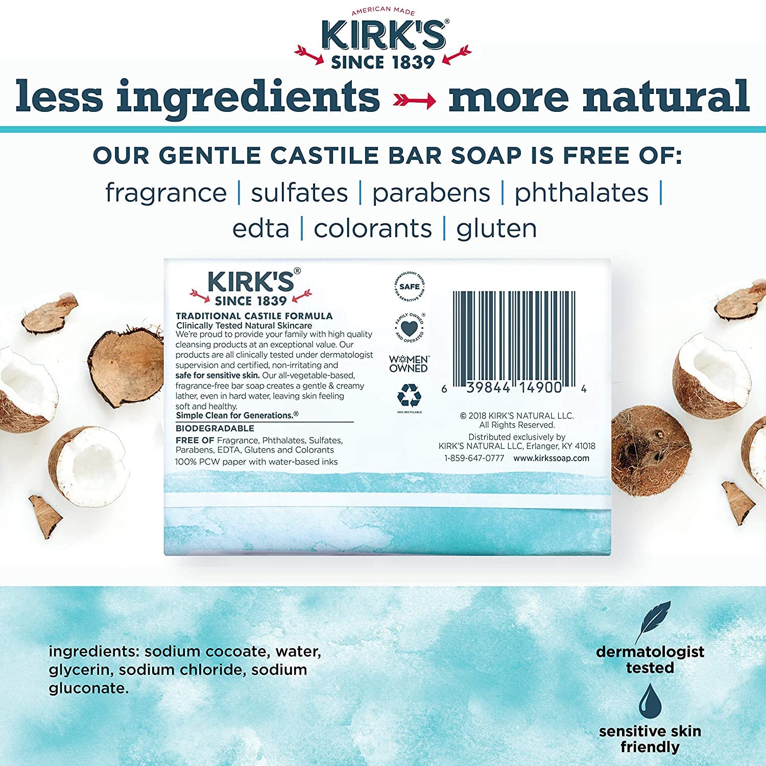 Kirk's Jabón Coco Castile, empaque biodegradable y compromiso ecológico.