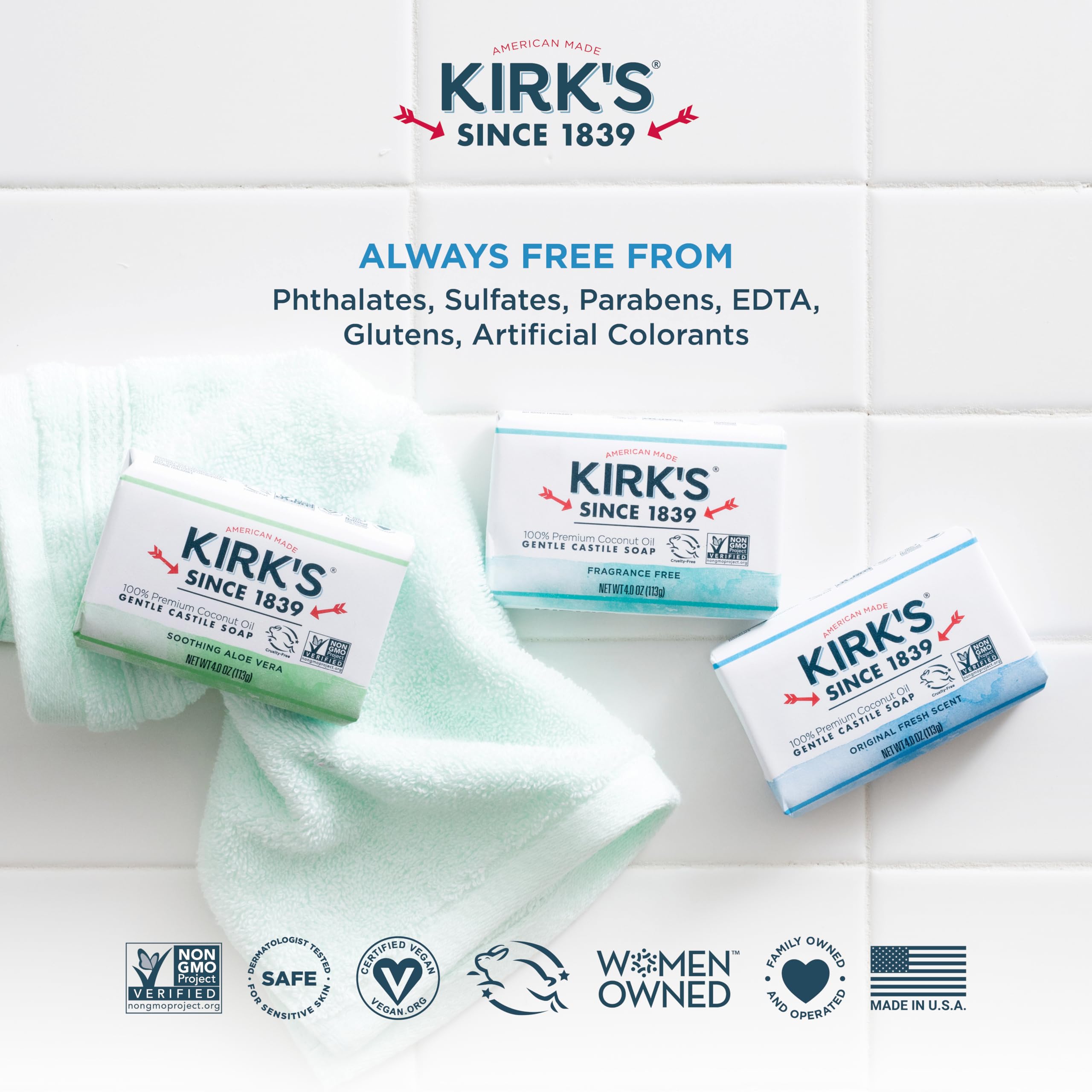Empaque reciclable de Kirk's Original Coco Castile para consumo responsable.