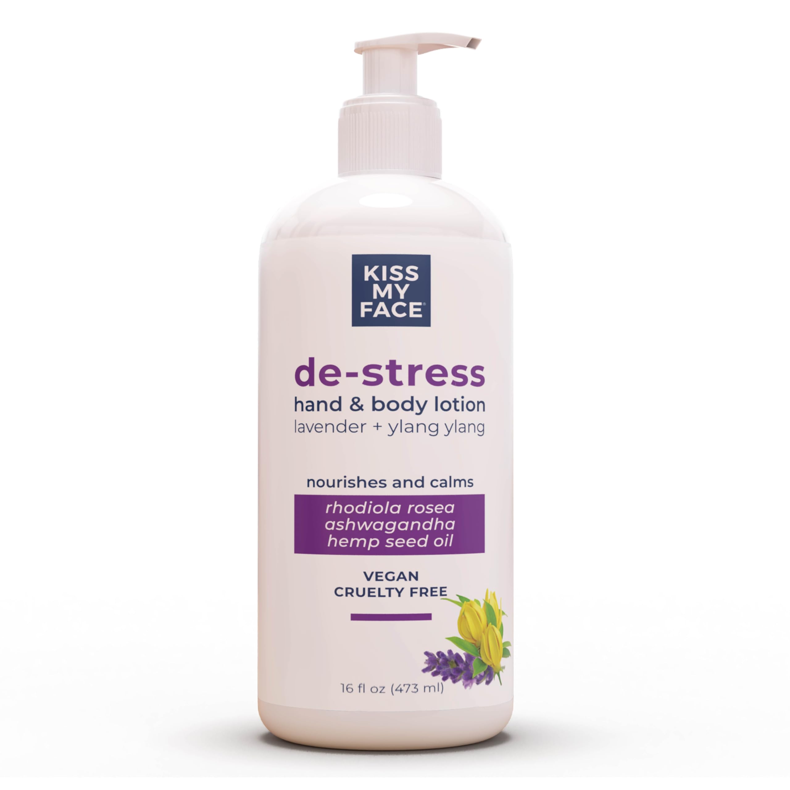 Kiss My Face De-Stress loción con bomba para uso diario y relajación suave.