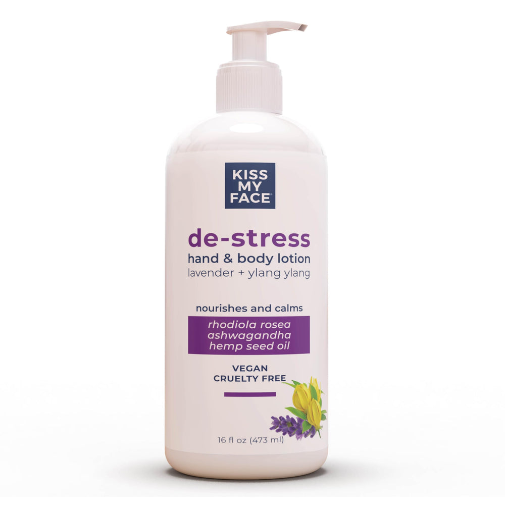 Kiss My Face De-Stress loción con bomba para uso diario y relajación suave.