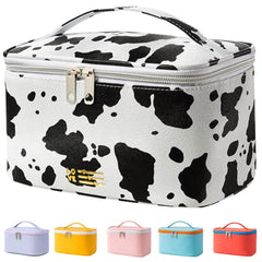 KITENROM bolso maquillaje portátil con asa, estampado vaca, ideal para viaje.