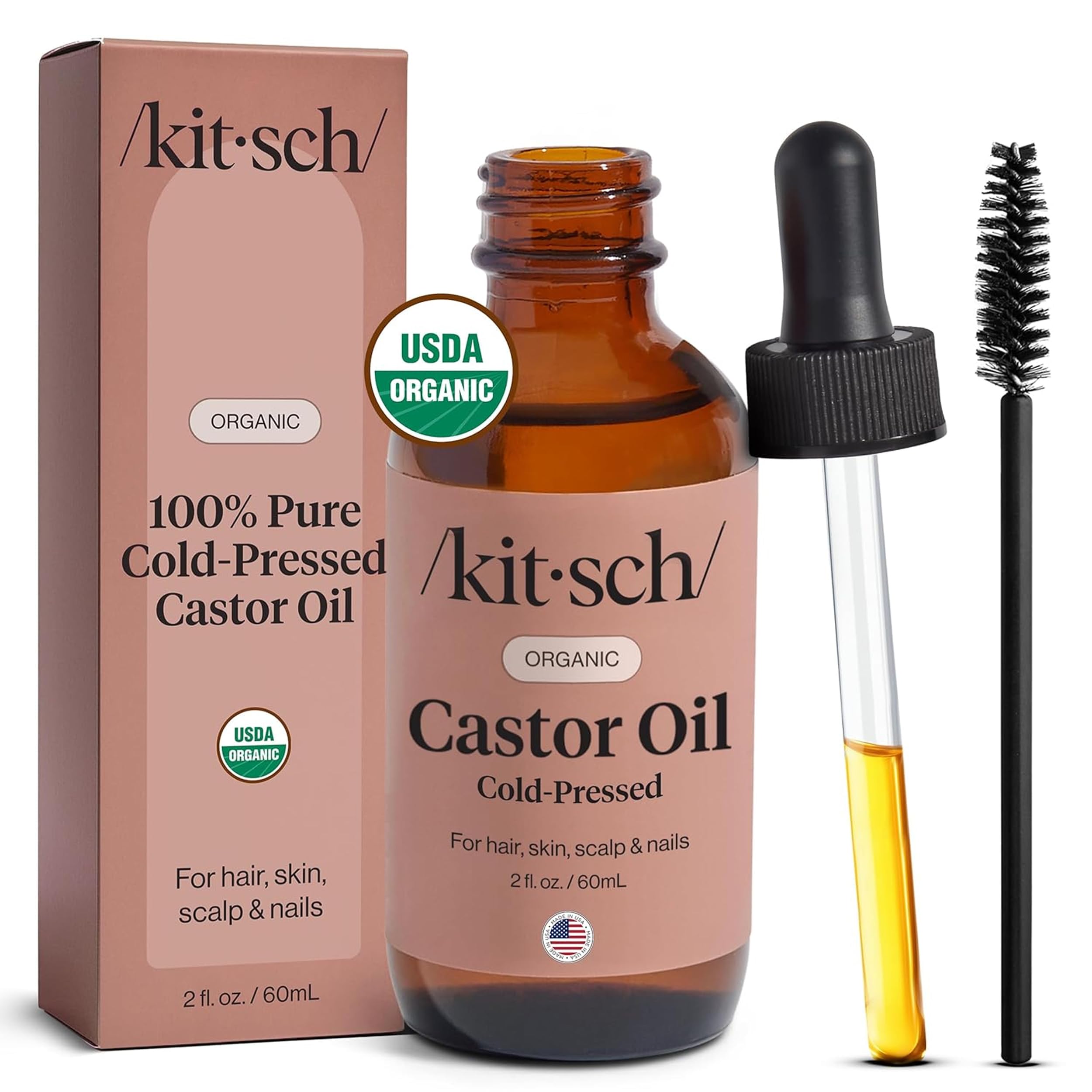 Kitsch aceite de ricino en envase de vidrio para cuidado diario.