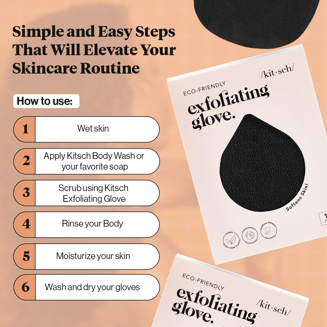 Guante exfoliante Kitsch para afinación de poros, piel más suave y uniforme.