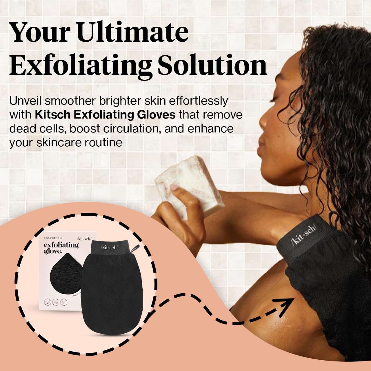 Guante exfoliante Kitsch para aplicación de autobronceador, tono uniforme en la piel.