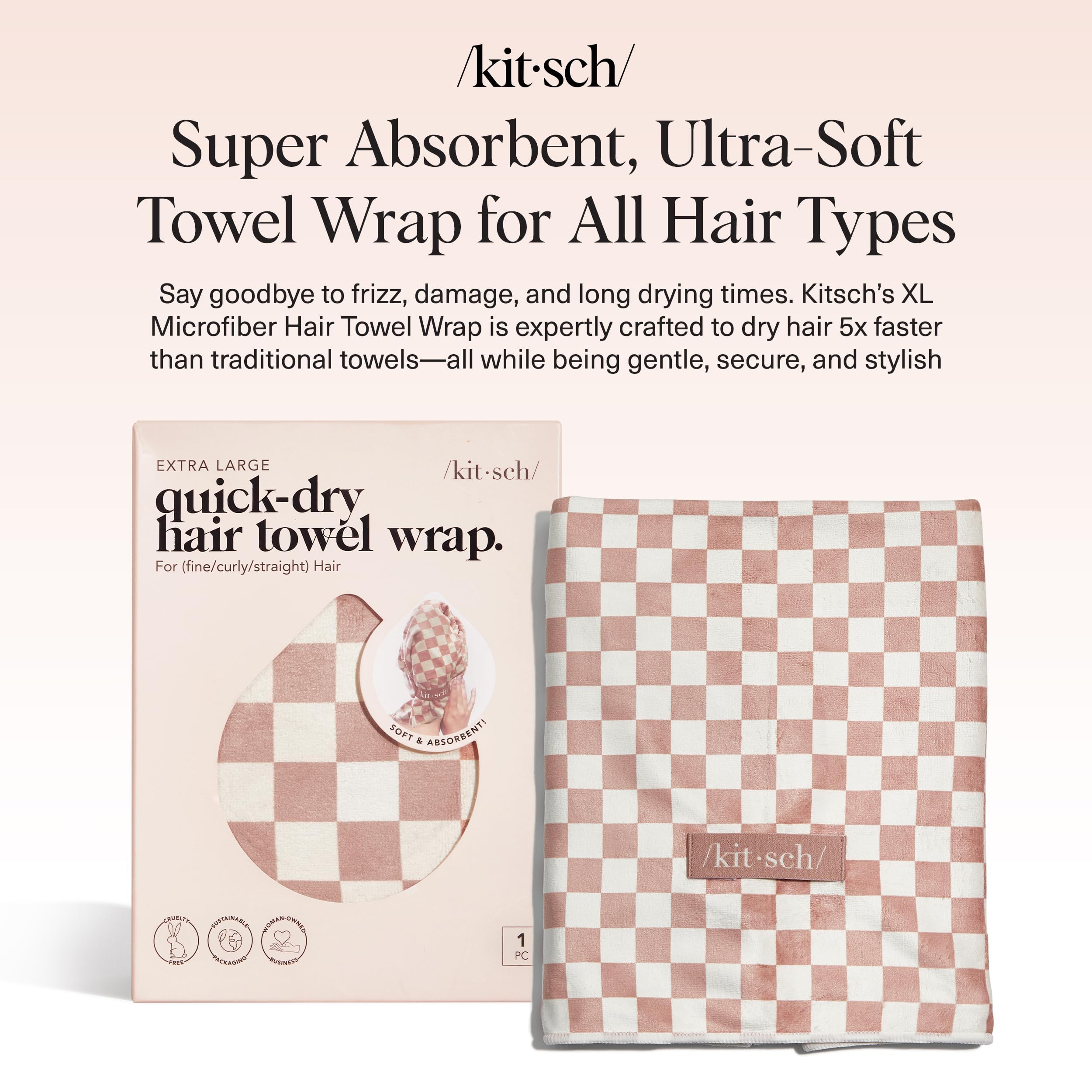 Toalla de microfibra Kitsch, secado rápido para cabello húmedo tras la ducha.