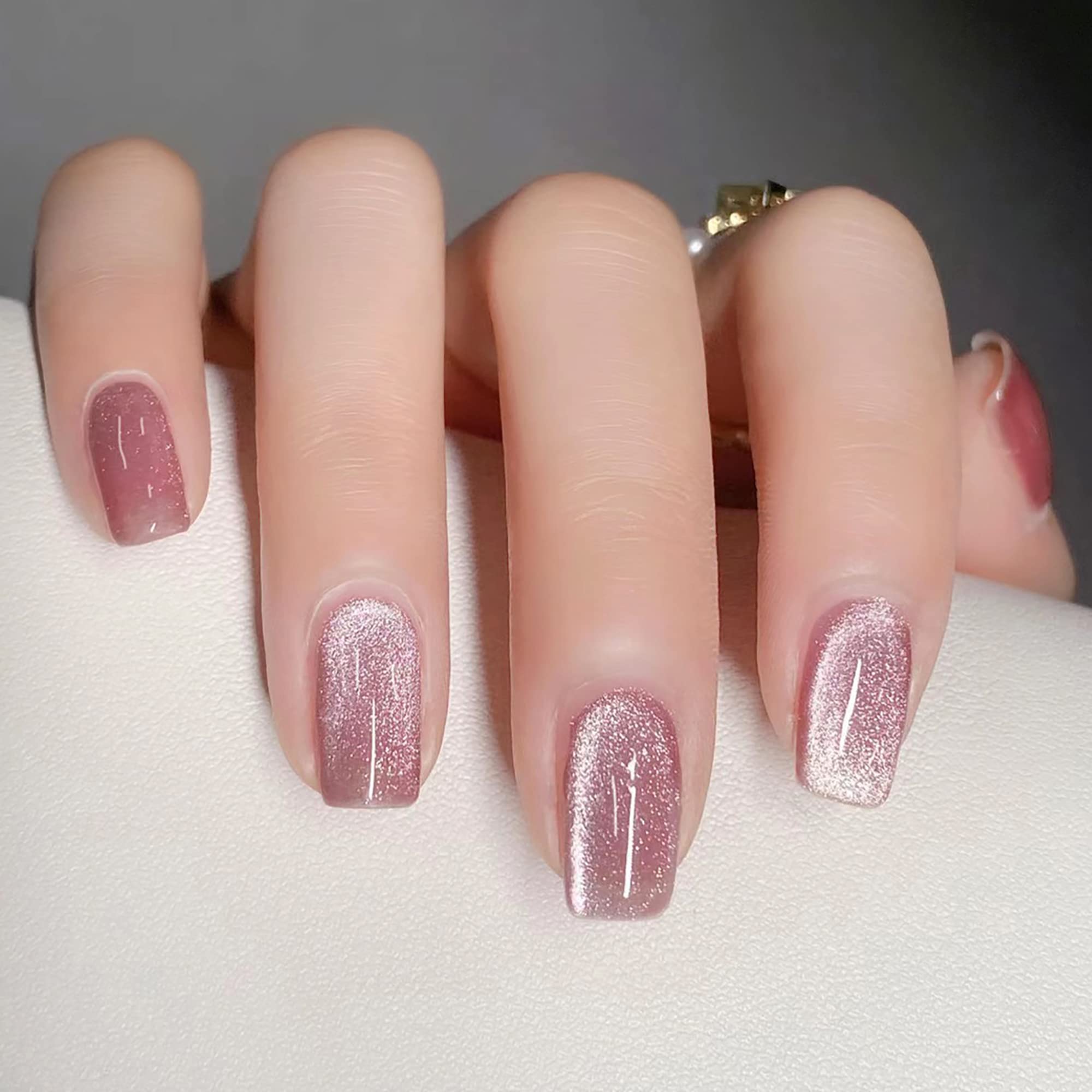 KKUUOO uñas postizas cuadradas rosadas con brillo para un look elegante.