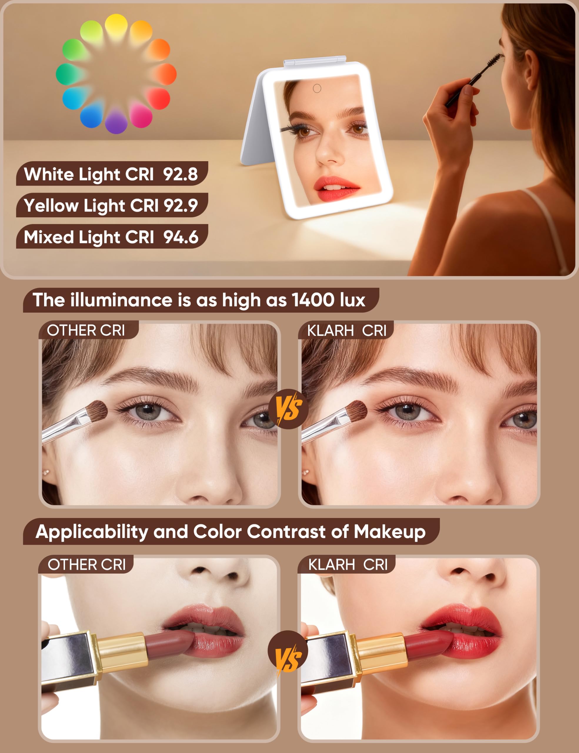 klarh espejo maquillaje con carga tipo-C para uso inalámbrico cómodo.