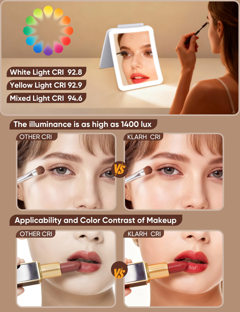 klarh espejo maquillaje con carga tipo-C para uso inalámbrico cómodo.