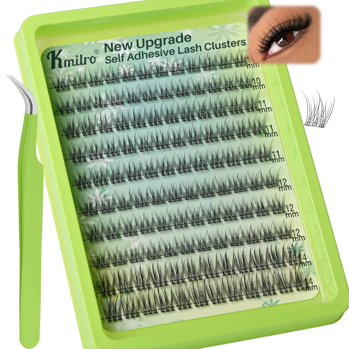 kmilro pestañas autoadhesivas 10-14 mm, clústers de fibra fina para un look natural diario.