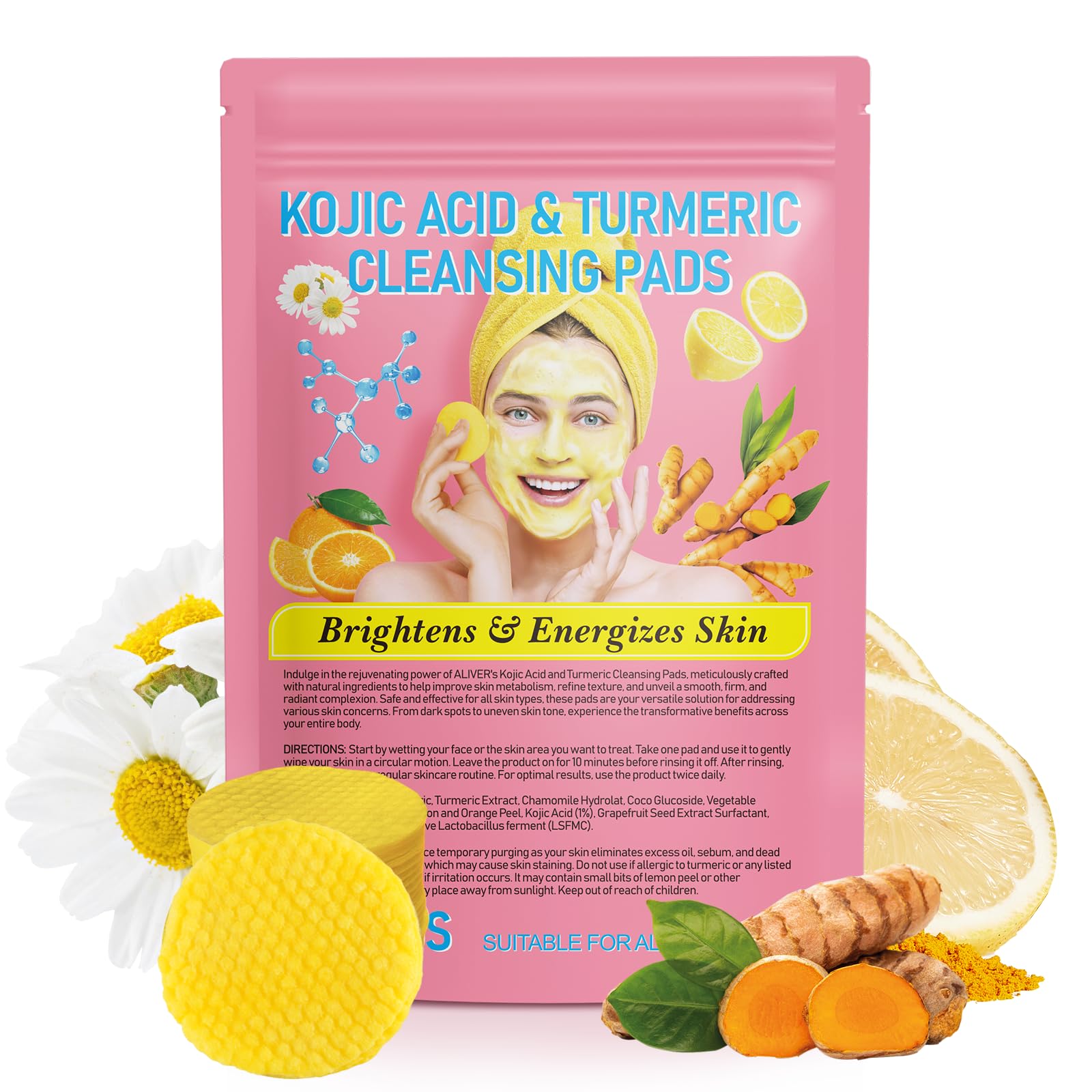 Almohadilla limpiadora con ácido kojico y cúrcuma para rostro con brillo natural.