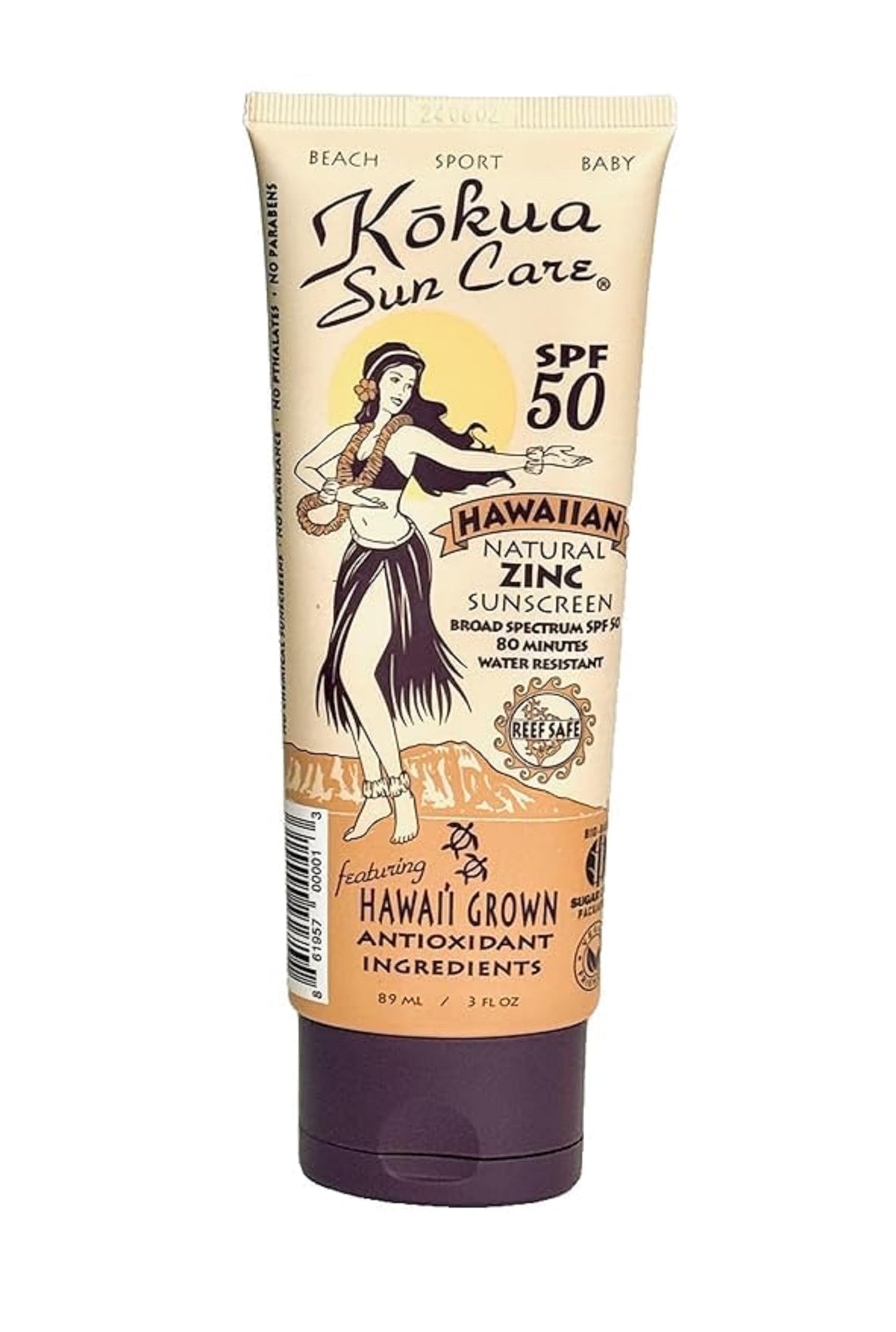 Kokua Sun Care: bote frente muestra protección mineral SPF 50 para toda la piel