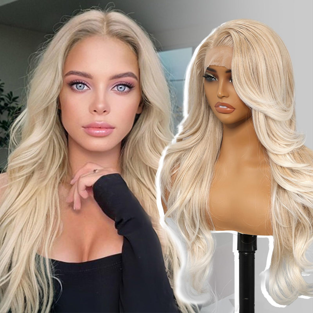 KOME peluca rubia con frente de encaje 13x4 y ondas para un aspecto natural.