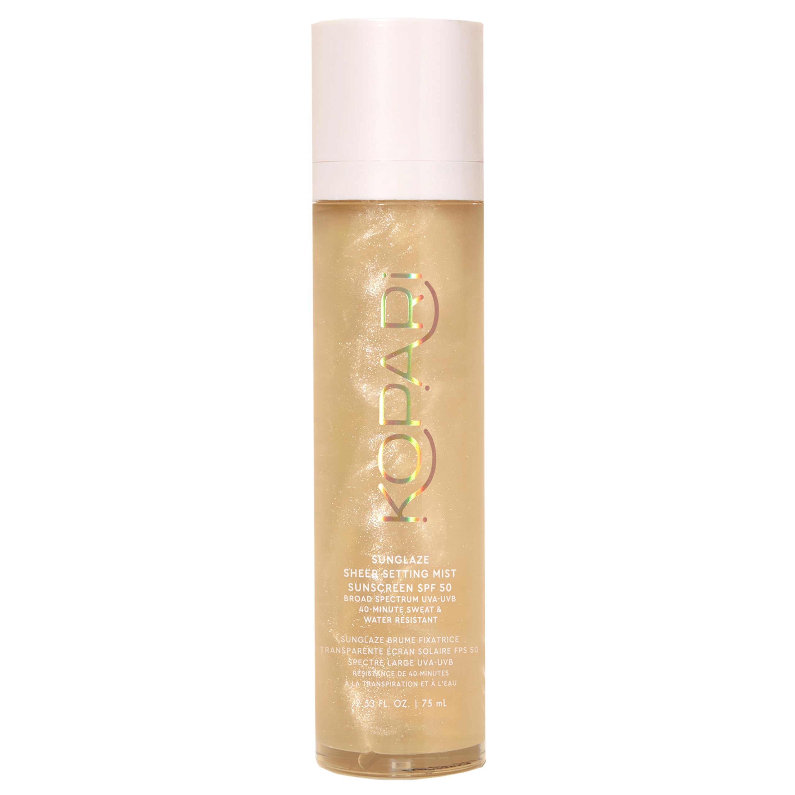 Kopari Sunglaze Setting Mist SPF 50 en botella, acabado ligero y protección solar continua.