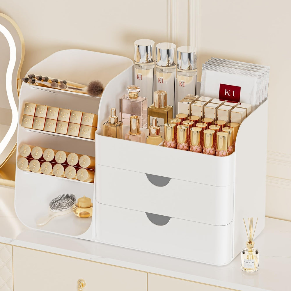 KQJS Organizador de maquillaje en tocador, superficie limpia y ordenada.