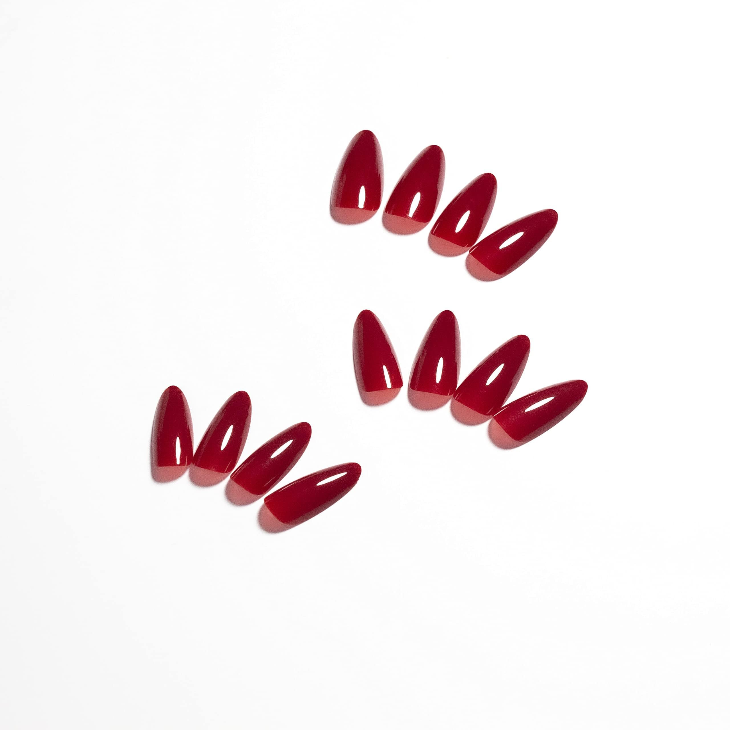 KQueenest uñas rojas en forma almendra con acabado gel seguro para uso diario.