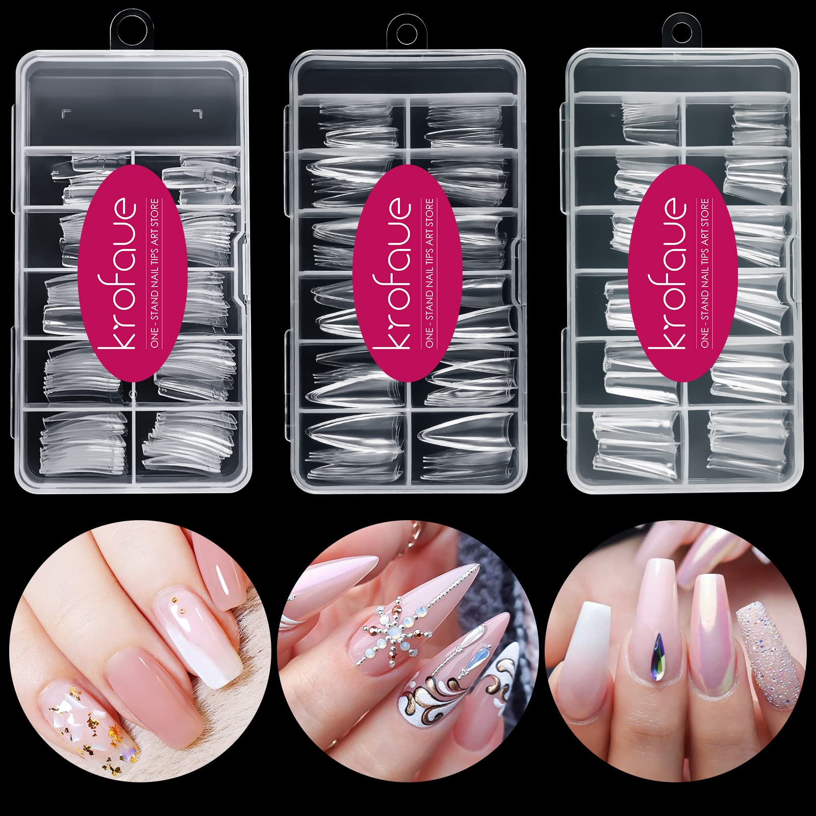 Krofaue tips de uñas 3 estilos, 340 piezas claras, ideal para practicar diseños.