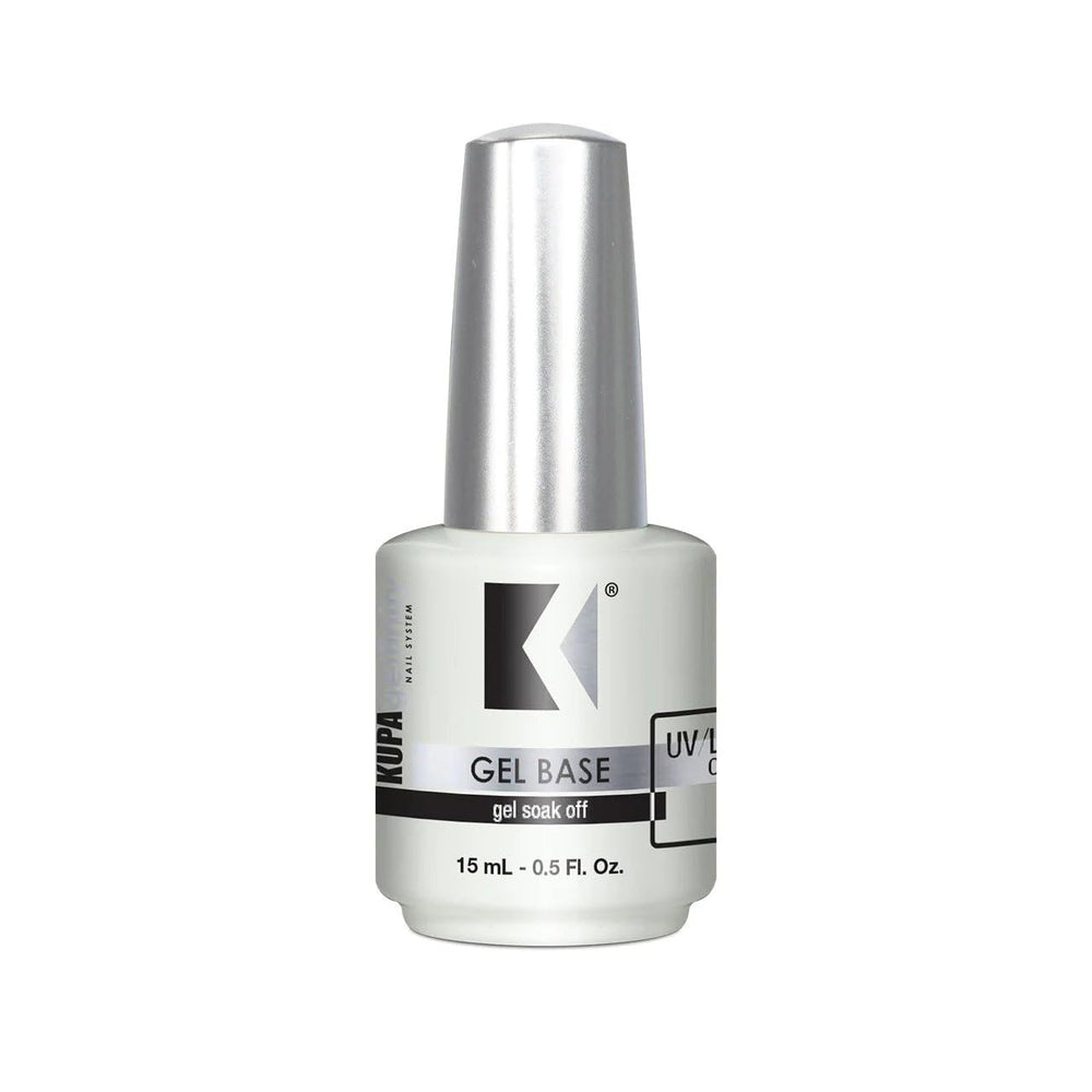 KUPA GelFinity Base Coat, bote claro, ofrece adherencia duradera para gel de uñas, con aplicación limpia.