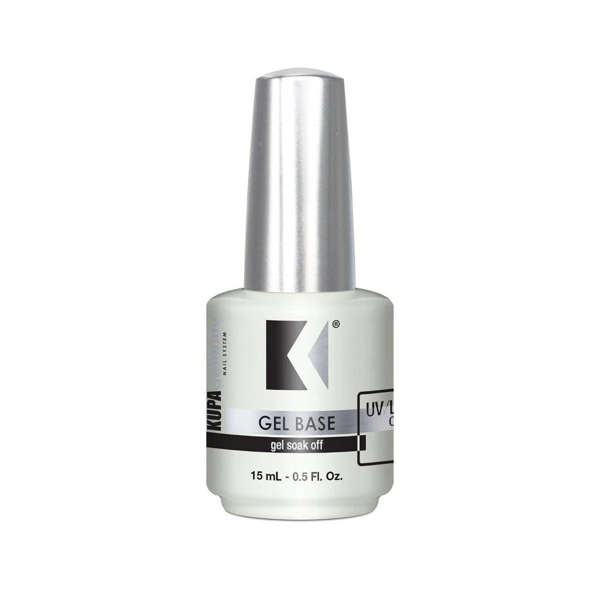 KUPA GelFinity Base Coat, bote claro, ofrece adherencia duradera para gel de uñas, con aplicación limpia.