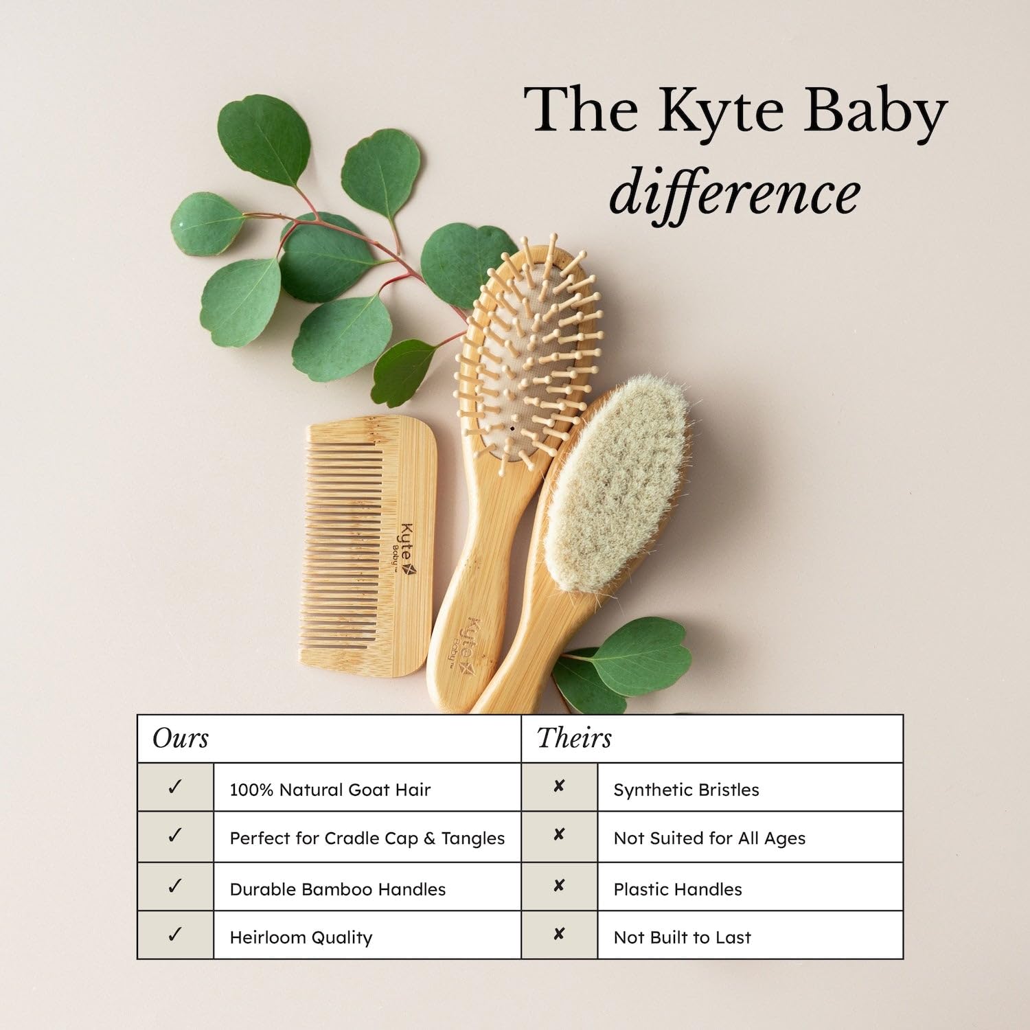 KYTE BABY cepillo con cerdas de madera para peinados suaves.