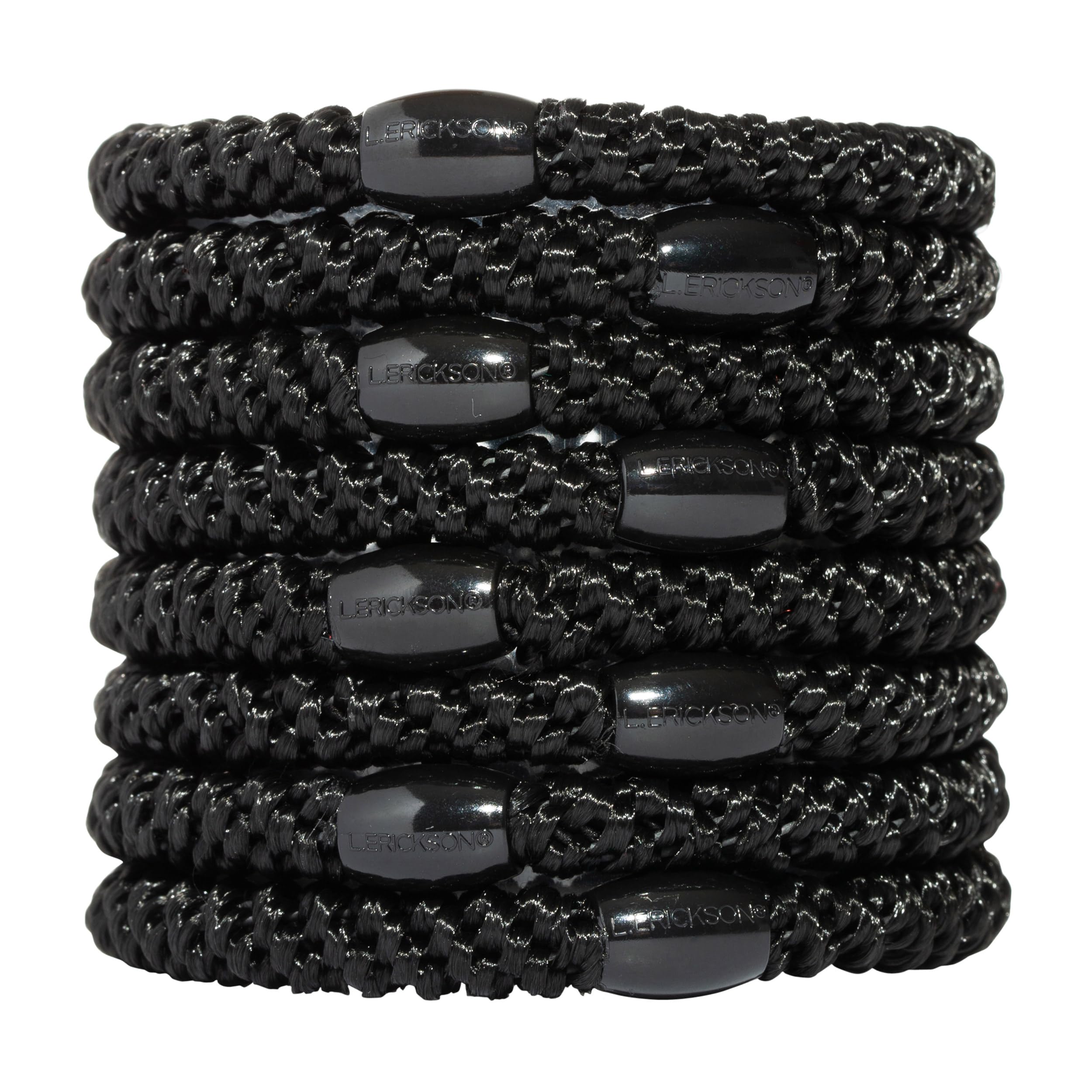 L. Erickson Grab & Go ponytail holders in black, eight-pack, secure for thick hair.