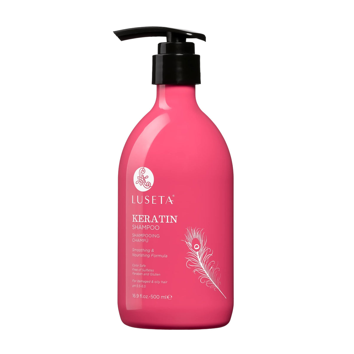 L LUSETA Luseta Keratina Champú, botella destacada para cabello seco y dañado.
