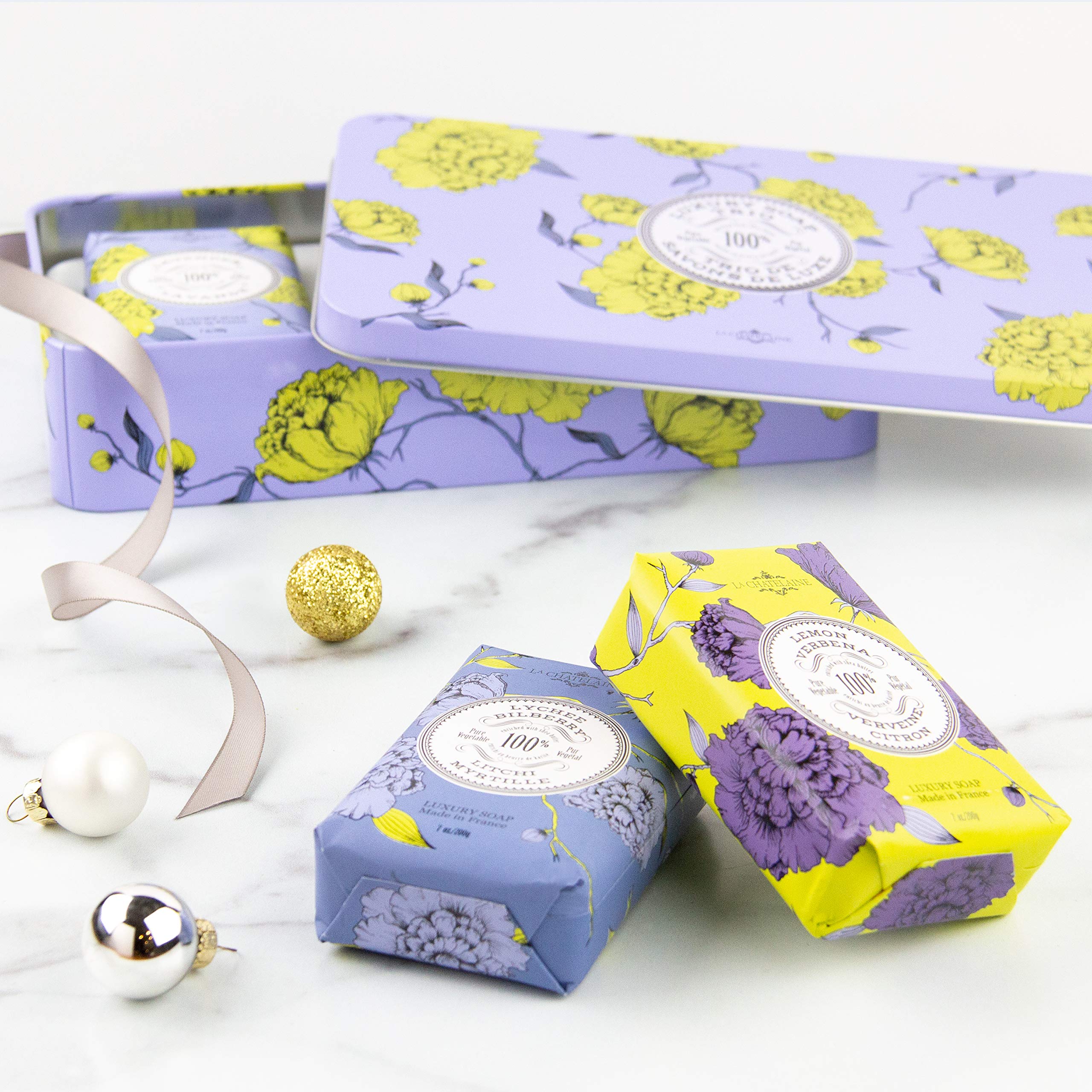 La Chatelaine Jabon Lavanda, Lychee Bilberry y Verbena de Limón: experiencia triple en una lata.