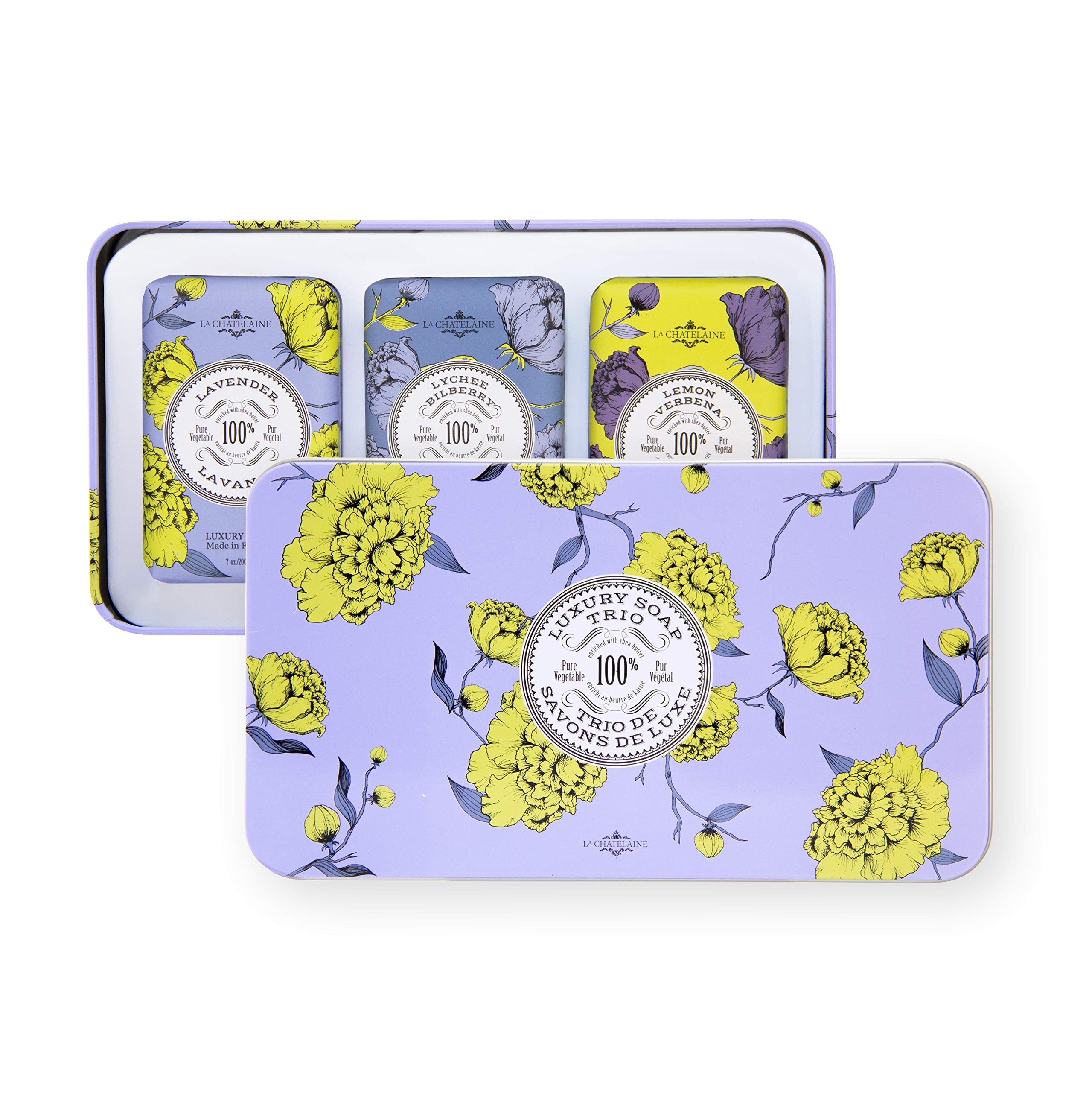 La Chatelaine Jabon Trio Lavanda en lata: experiencia lujosa para manos y cuerpo.