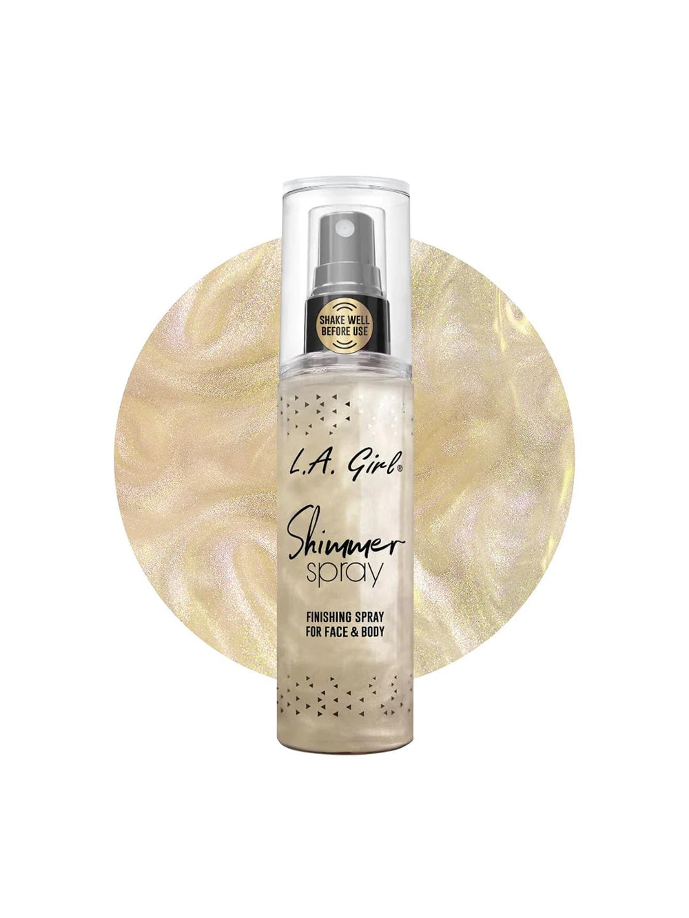 L.A. Girl Shimmer Spray: botella dorada con brillo glamoroso para piel.