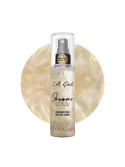 L.A. Girl Shimmer Spray: botella dorada con brillo glamoroso para piel.