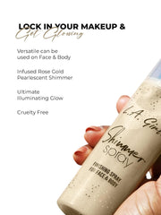 L.A. Girl Shimmer Spray: niebla fina cubre rostro con brillo dorado suave.