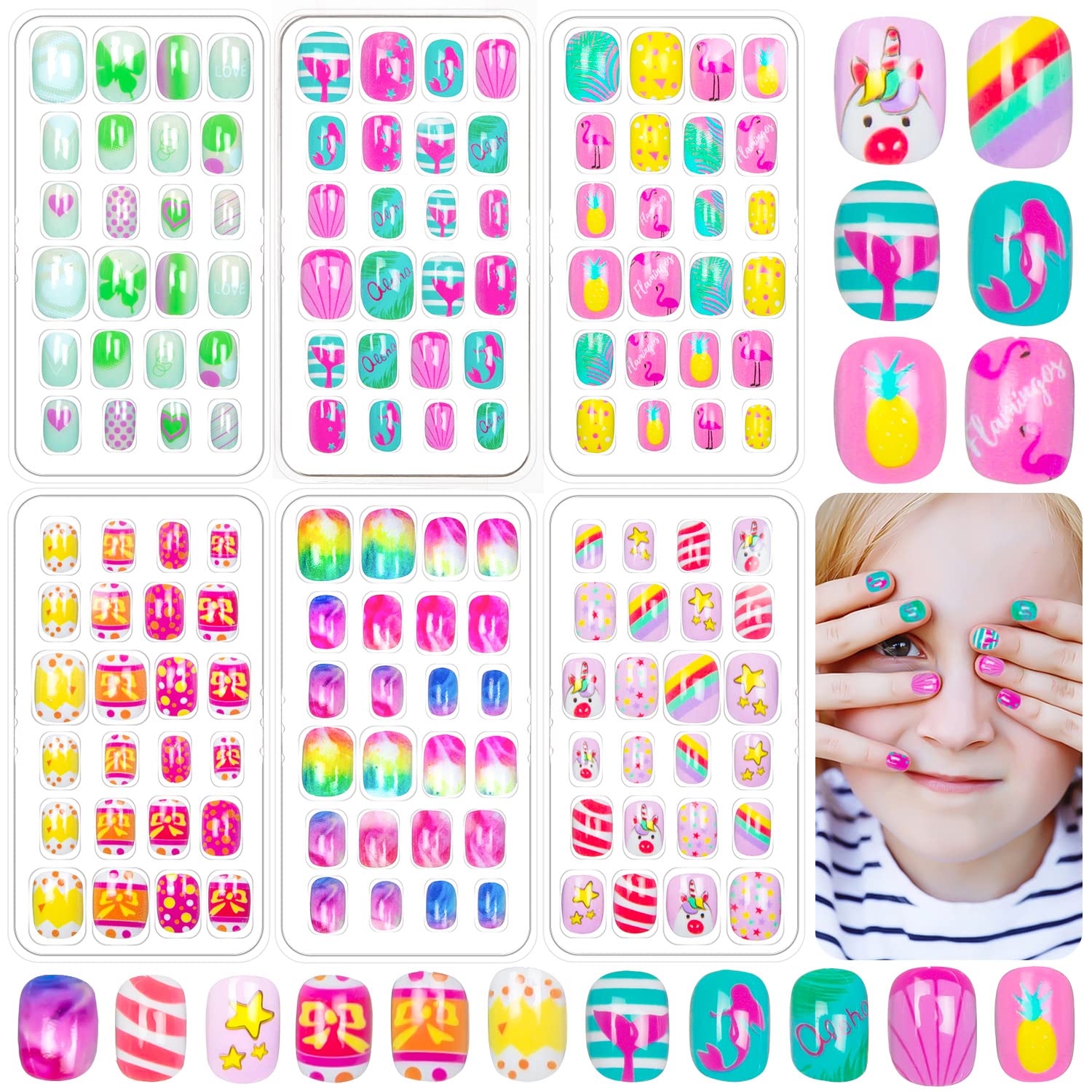 Labeol uñas falsas para niñas: set de 6 cajas, variedad de tallas para diferentes edades.