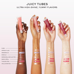 Lancôme Juicy Tubes layered over lipstick for extra shine.