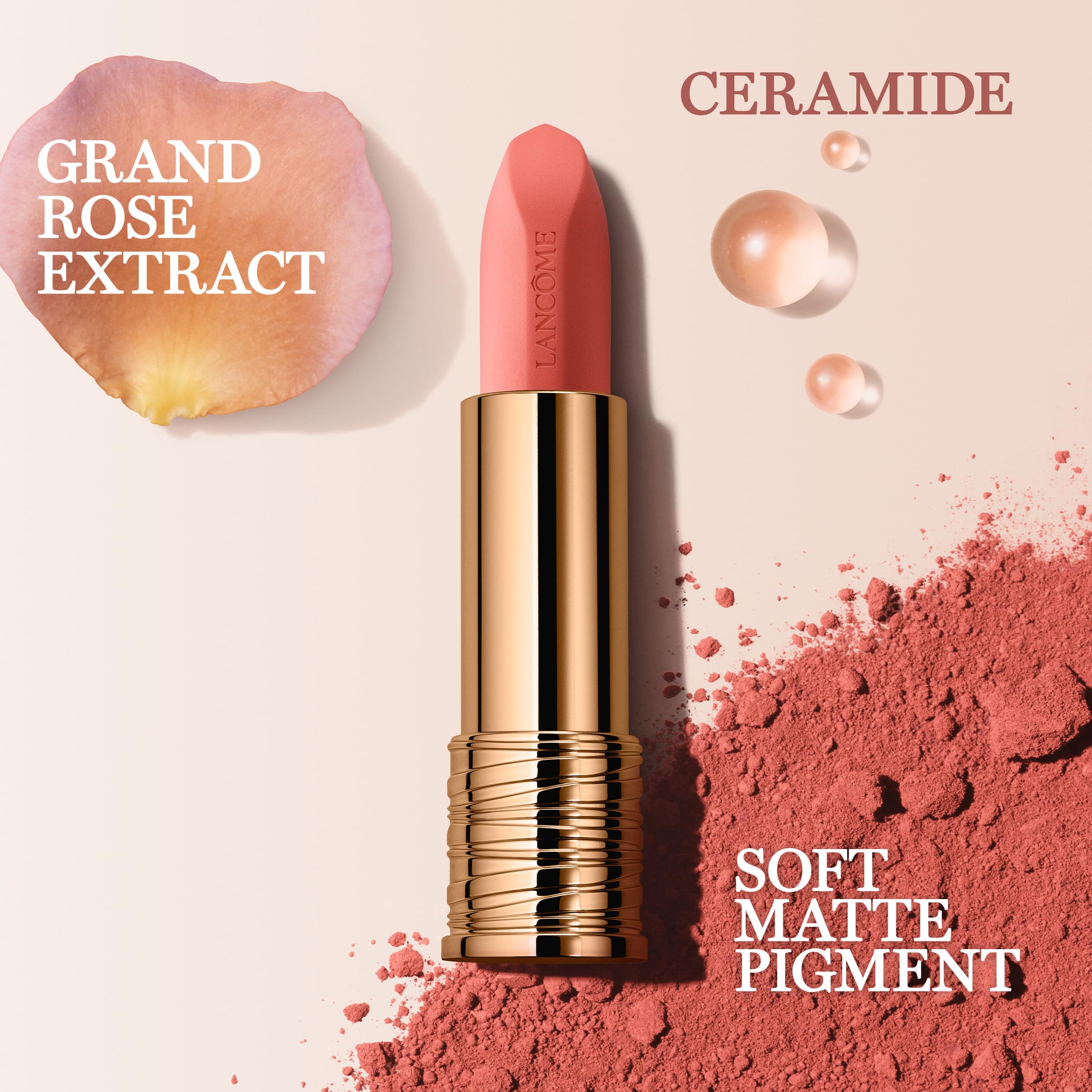Lancôme L'Absolu Rouge Intimatte, hydratation renforcée par céramides et extrait de rose.
