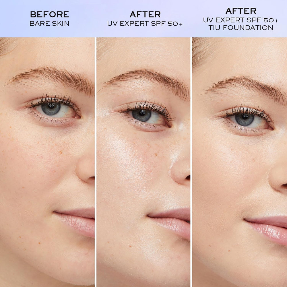 Lancôme UV Expert Defense, acabado invisible sin residuo blanco para uso diario.
