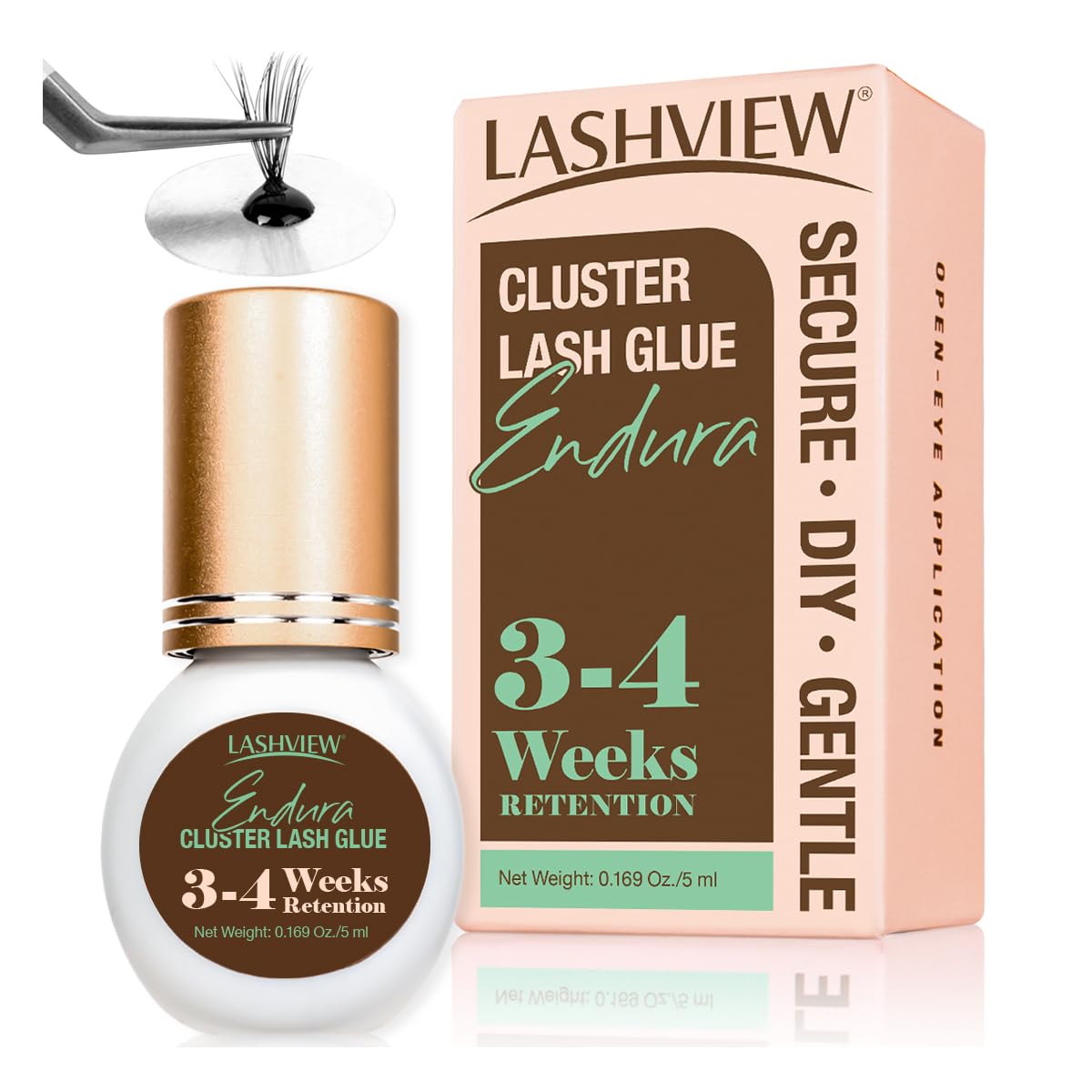 LASHVIEW Lash Cluster Glue bottle close-up showing strong hold for lash clusters.