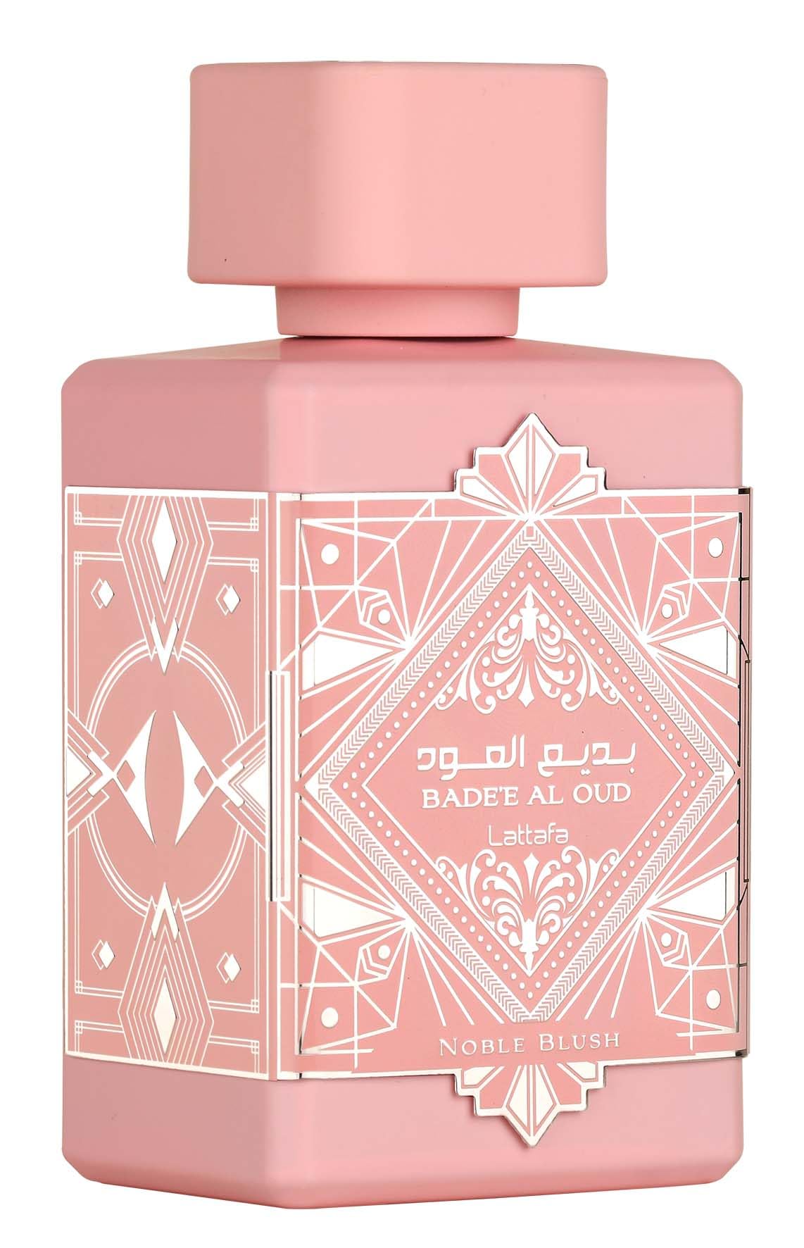 Lattafa Bade'e Al Oud Noble Blush frasco elegante para uso diario.