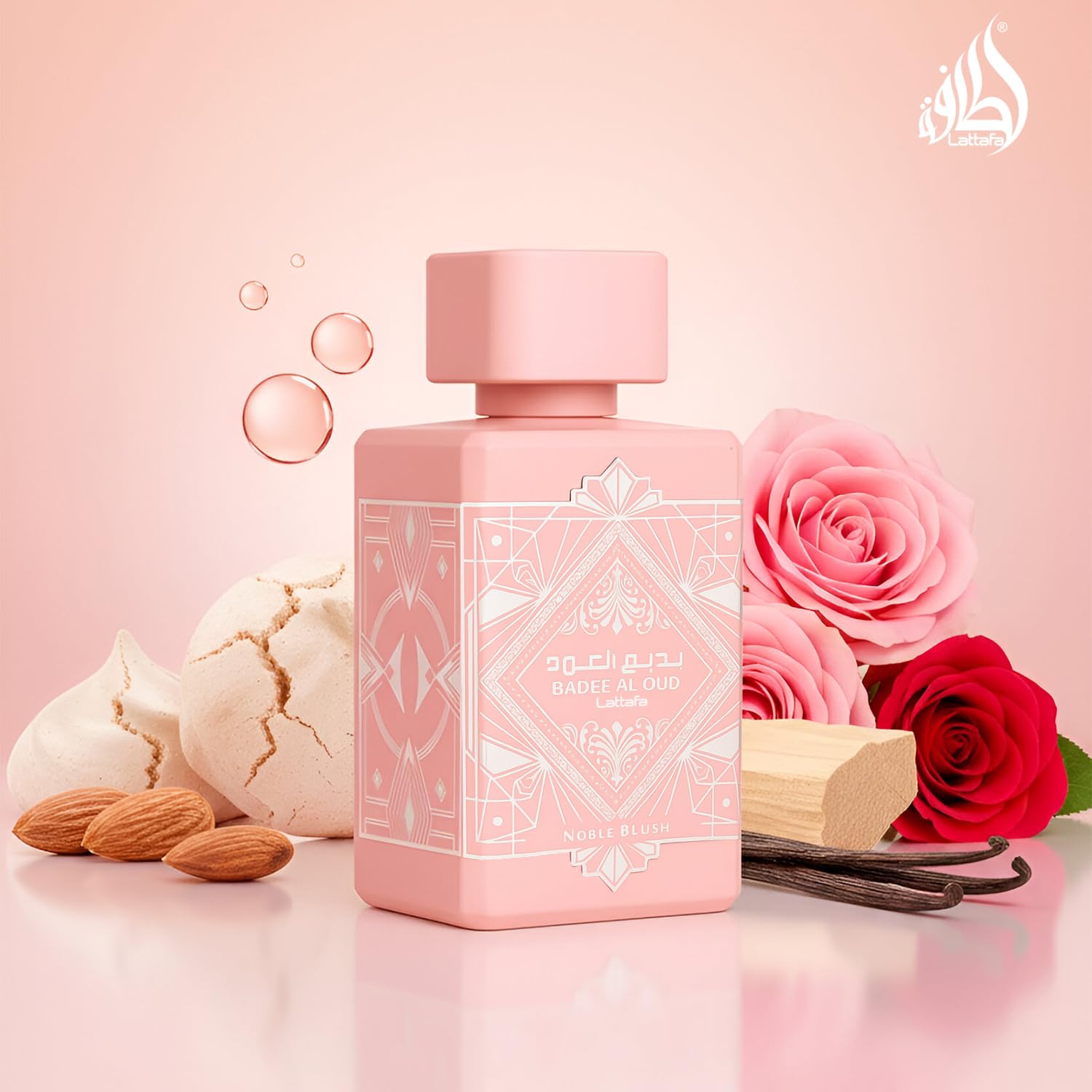 Lattafa Bade'e Al Oud Noble Blush nota Almendra y Merengue con textura cremosa.