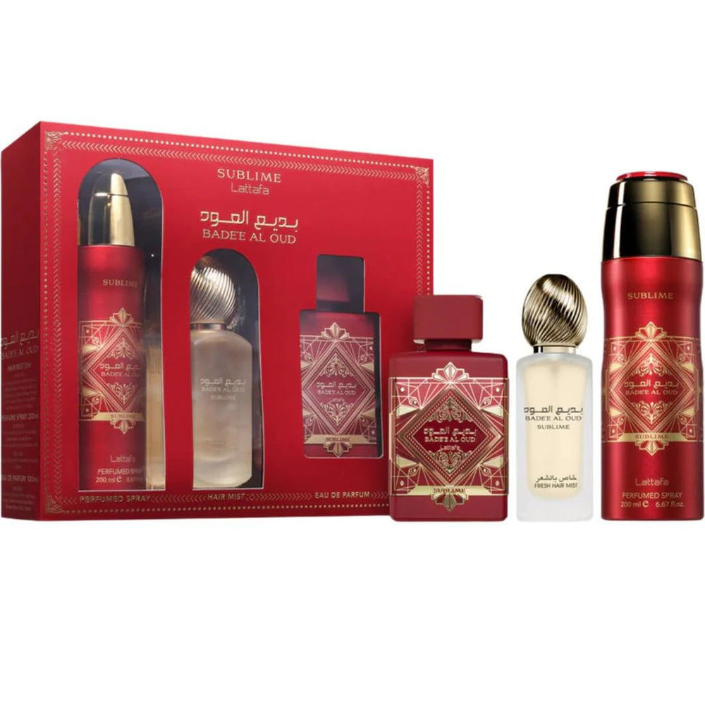 Lattafa Badee Al Oud Sublime, perfume en botella elegante para ocasiones especiales.