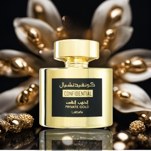 Lattafa Confidential Private Gold, fondo cálido de almizcle, vainilla y sándalo para largas veladas.