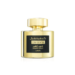 Lattafa Confidential Private Gold, frasco dorado, perfume unisex para uso diario y ocasiones.