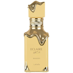 Lattafa Eclaire Banoffi, vista frontal de la botella, aroma audaz para ocasiones especiales.