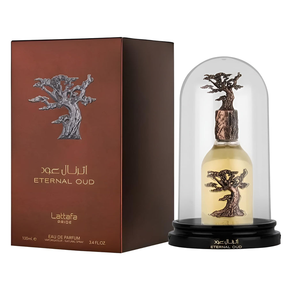 Lattafa Eternal Oud base notes vanilla and oud offer a warm finish.