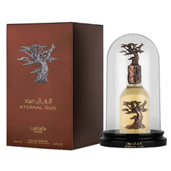 Lattafa Eternal Oud base notes vanilla and oud offer a warm finish.