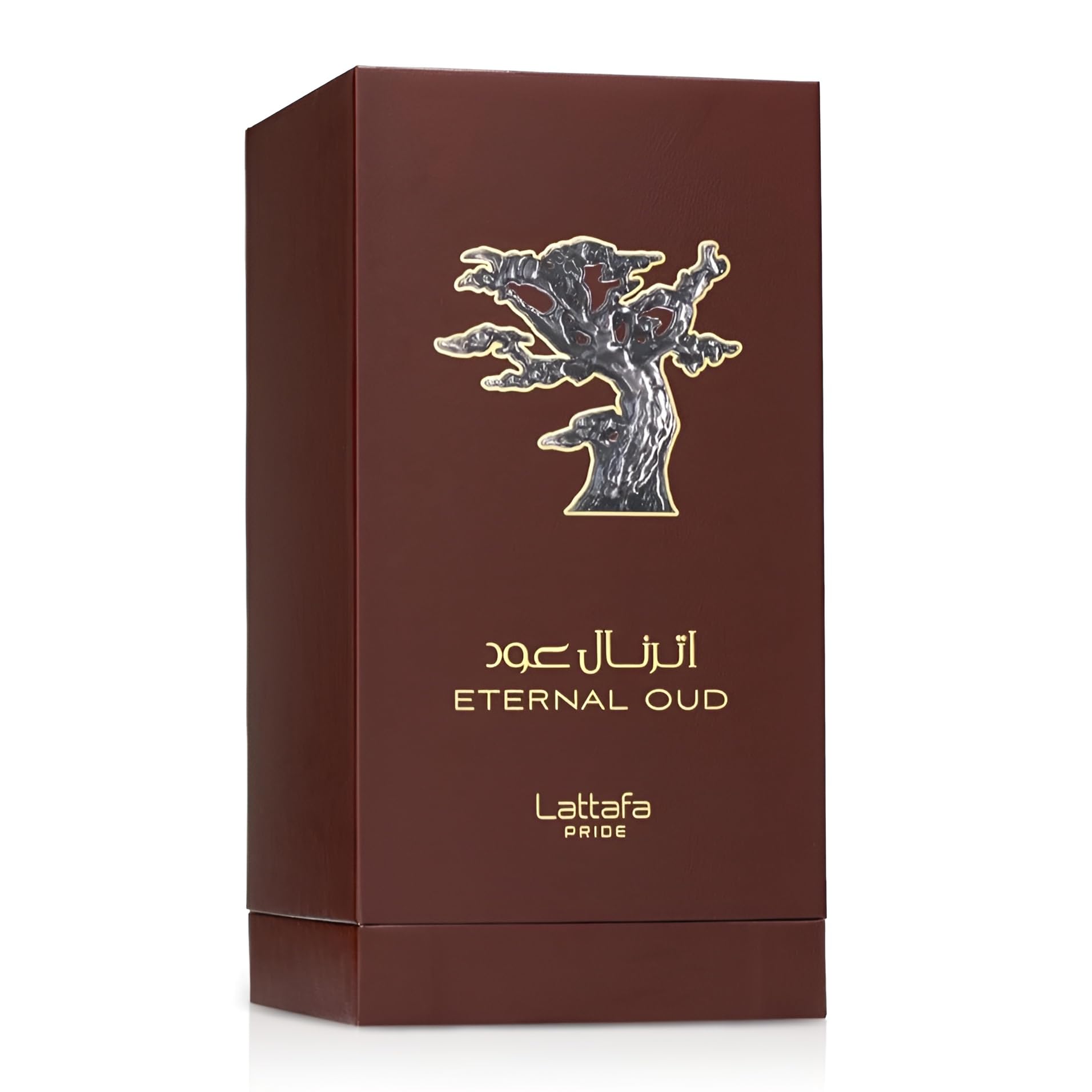 Lattafa Eternal Oud close-up lid cap highlights luxurious bottle details.