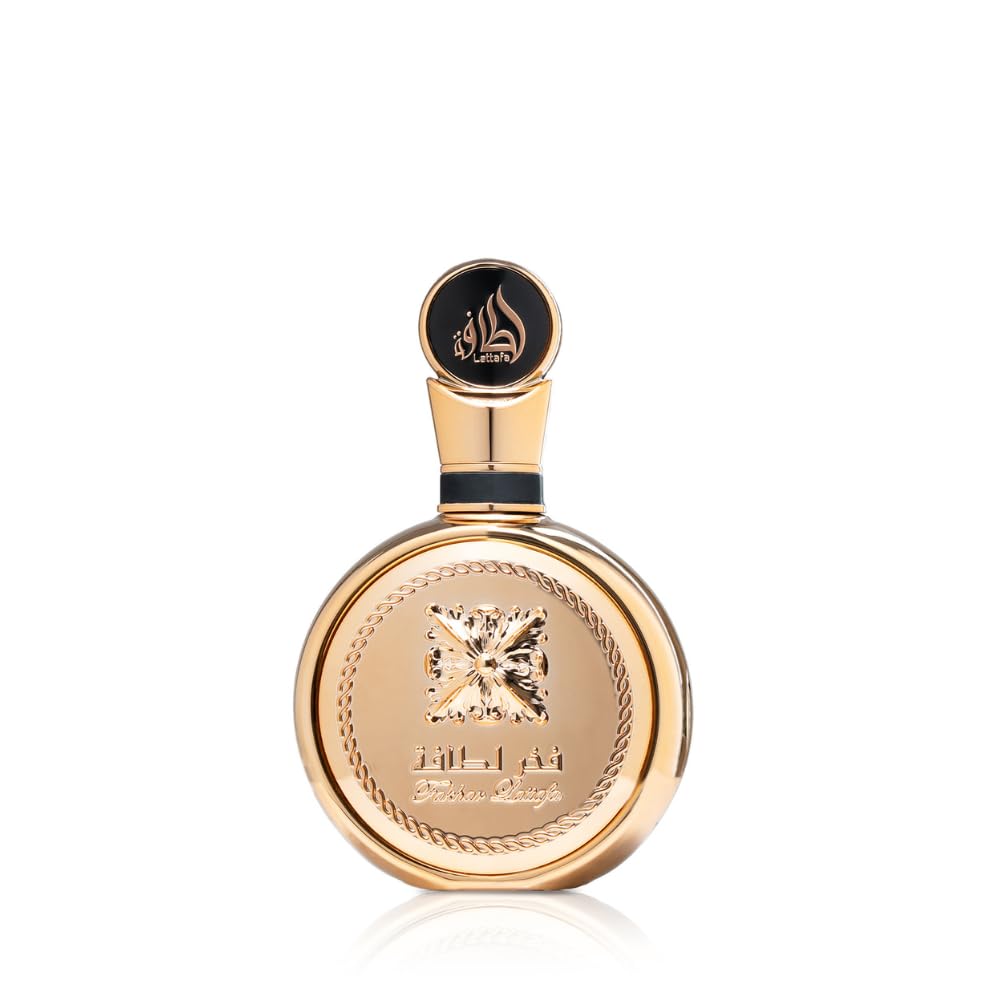Lattafa Fakhar Gold Extrait, botella frontal, fragancia elegante para uso diario y ocasiones especiales.
