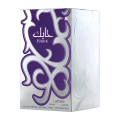 Envase Lattafa Habik, 100 ml, aroma duradero para uso diario.