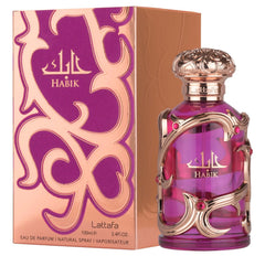 Lattafa Habik, detalle de envase, diseño elegante para el tocador